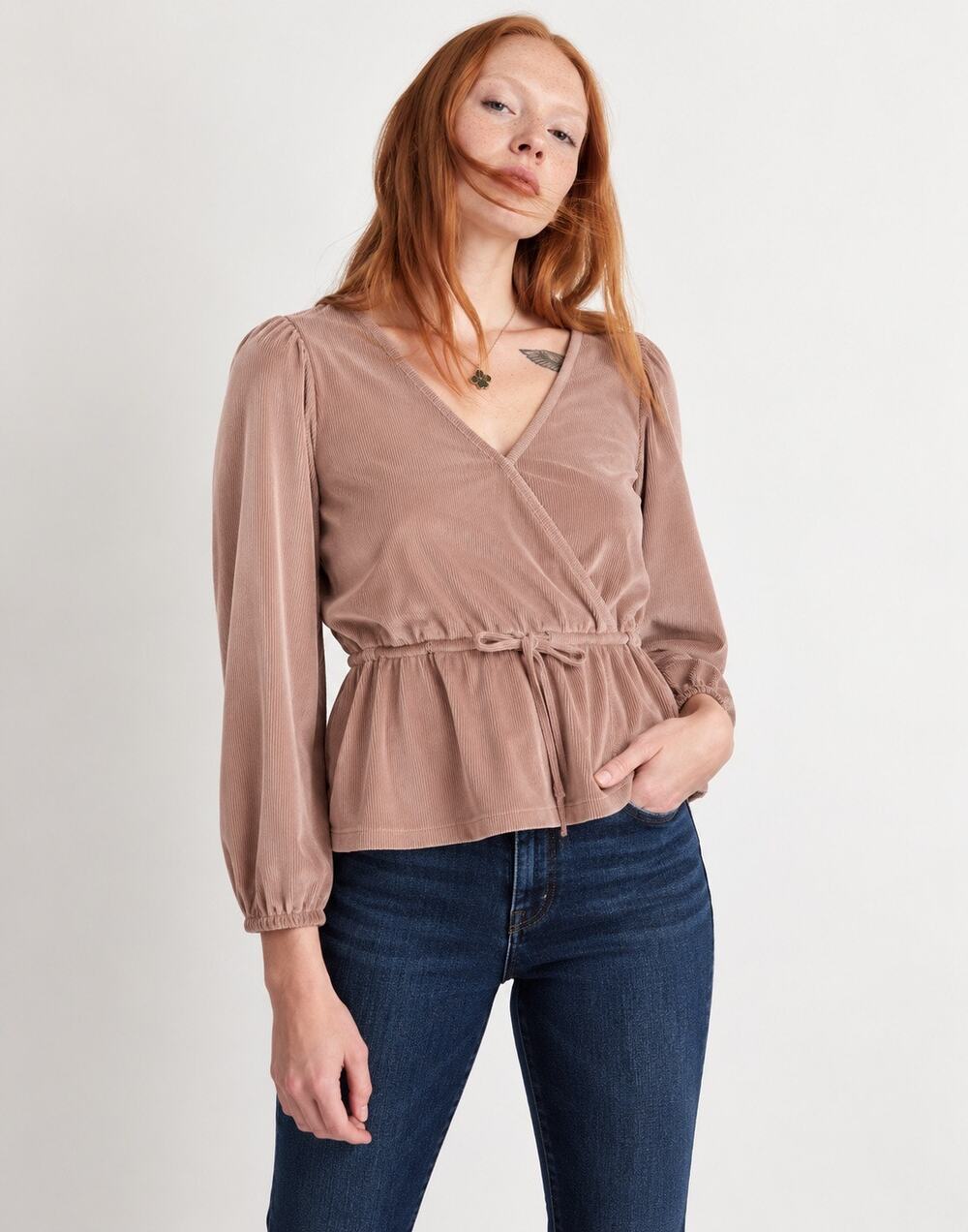 Madewell Corduroy Tie-Front Faux-Wrap Top Warm Sandstone Extra Large XL